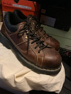 Dr. Martens Brown Steel Toe Leather Lace-Up Work Shoes with Yellow Stitching 11